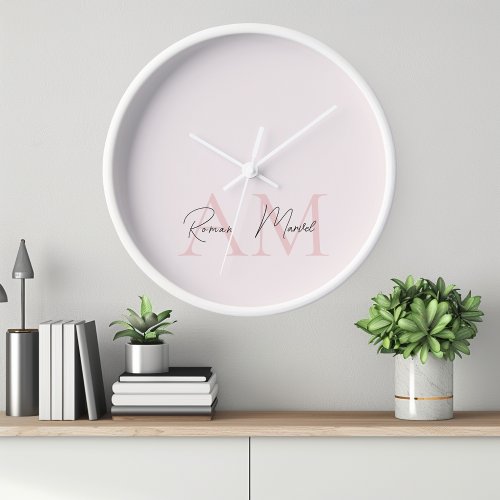 Minimalistic Monogram Initial  Name Pastel Pink  Clock