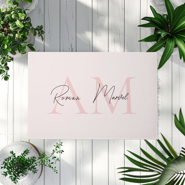 Minimalistic Monogram Initial & Name Pastel Pink Doormat (Creator Uploaded)