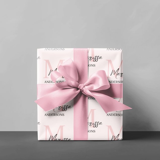 Minimalistic Monogram Initial & Name Pastel Pink  Wrapping Paper (Creator Uploaded)