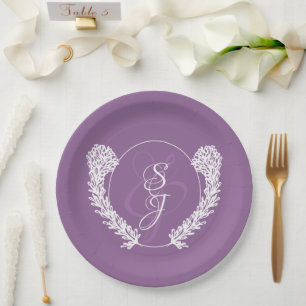 Minimalistic Monogram Lavender Purple Wedding  Paper Plates
