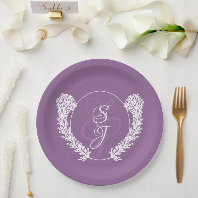 Minimalistic Monogram Lavender Purple Wedding  Paper Plates (Wedding)