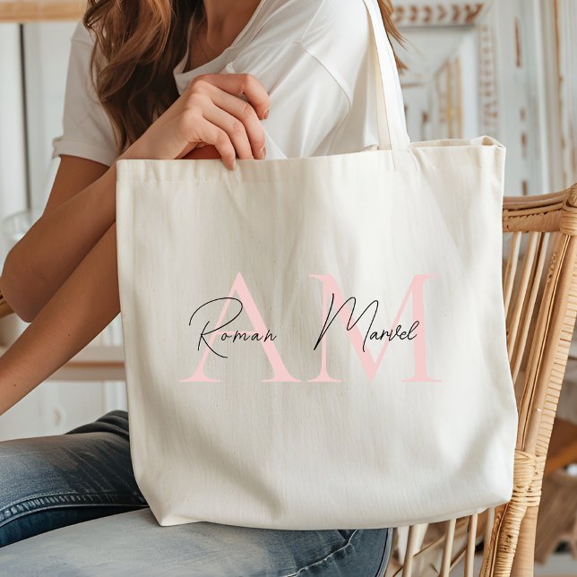 "Minimalistic Monogram Personalized Pastel Pink  Tote Bag (Creator Uploaded)