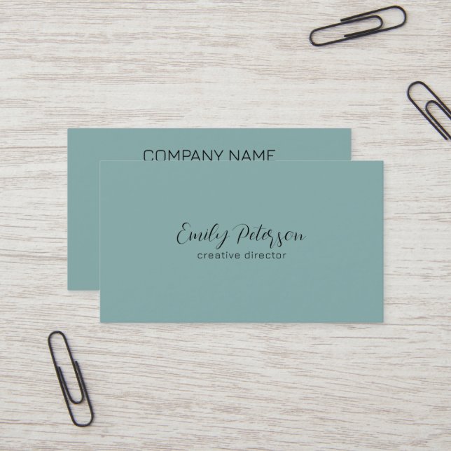 Minimalistic muted green background black text business card (Front/Back In Situ)
