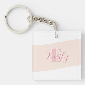Minimalistic Name Monogram Retro Rose Pink Keychain