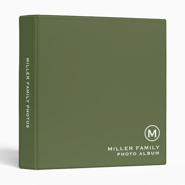 Minimalistic Olive Monogram Family Photo Album 3 Ring Binder (Front/Spine)