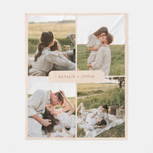 Minimalistic Personalized 4 Couple Photos Collage Fleece Blanket