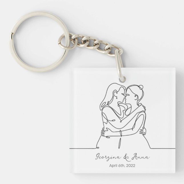 Minimalistic Personalized Lesbian Couple Line Art Keychain (Front)