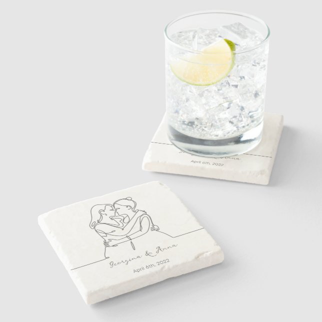 Minimalistic Personalized Lesbian Couple Line Art Stone Coaster (Side)