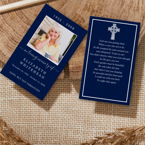 Minimalistic Photo Funeral Celtic Prayer Card Navy