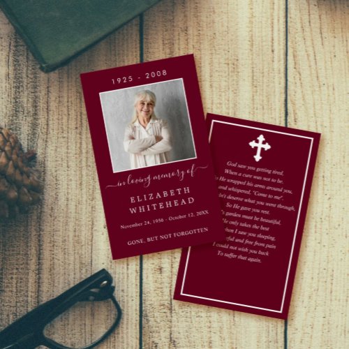 Minimalistic Photo Funeral Prayer Burgundy Card