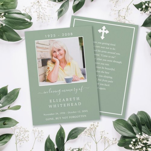 Minimalistic Photo Funeral Sage Green Prayer Card