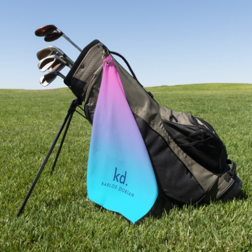 Minimalistic Pink Blue Gradient Monogram Golf Towel