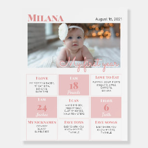 Minimalistic Pink First Birthday Milestones Sign