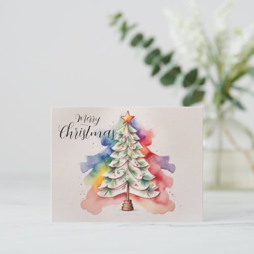 Minimalistic Rainbow Watercolor Christmas Tree Holiday Postcard