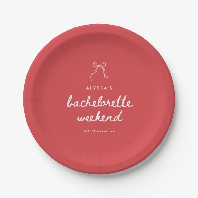 Minimalistic Red Coquette Bow Bachelorette Paper Plates (Front)