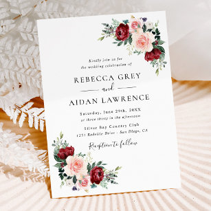 Minimalistic Rustic Burgundy Blush Floral Wedding  Invitation