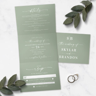 Minimalistic Sage Green All In One Wedding Photo Tri-Fold Invitation
