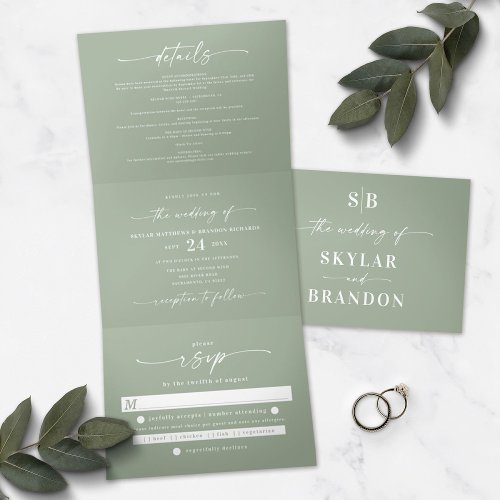 Minimalistic Sage Green All In One Wedding Photo Tri_Fold Invitation