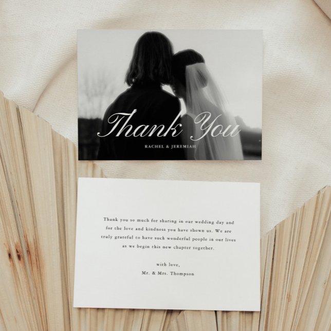 Minimalistic Script Black & White Wedding Photo Thank You Card (Creator Uploaded)