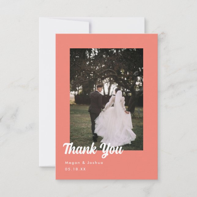 Minimalistic Script Coral Pink Wedding Photo Thank You Card (Front)