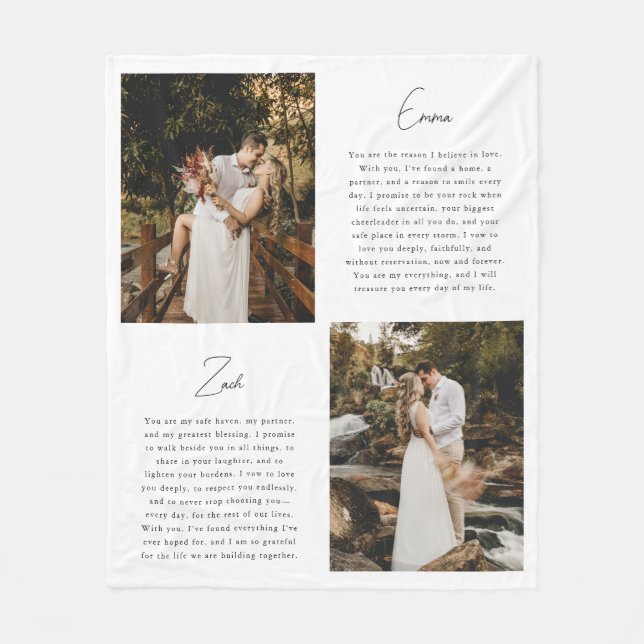 Minimalistic Script Newlyweds Photo Wedding Vows Fleece Blanket (Front)
