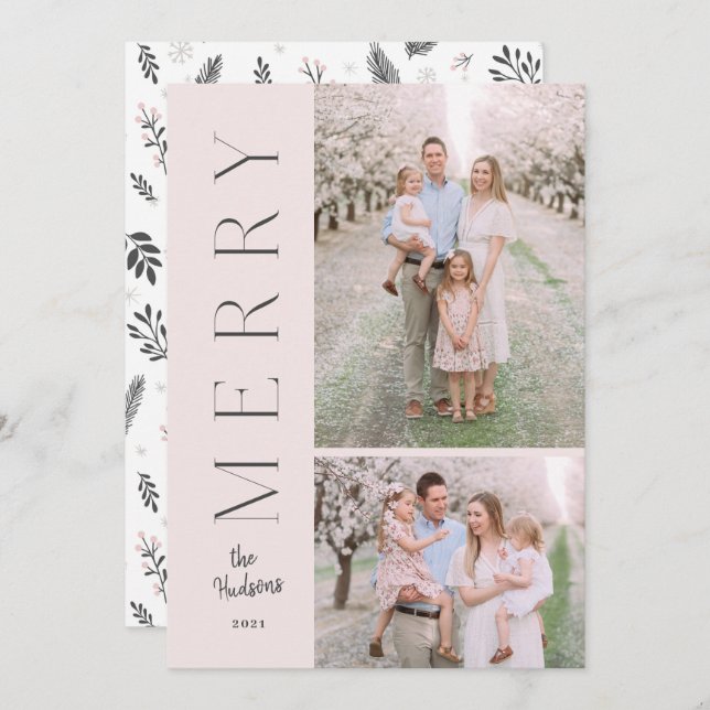 Minimalistic Simple Typography Rustic 2-Photo Holi Holiday Card (Front/Back)