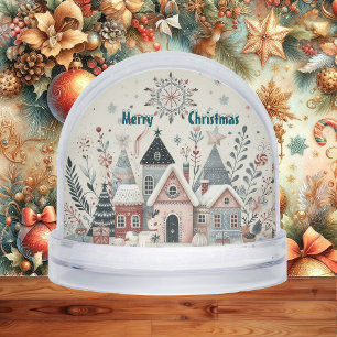 Minimalistic Snow-Clad Christmas Village Boho Art  Snow Globe