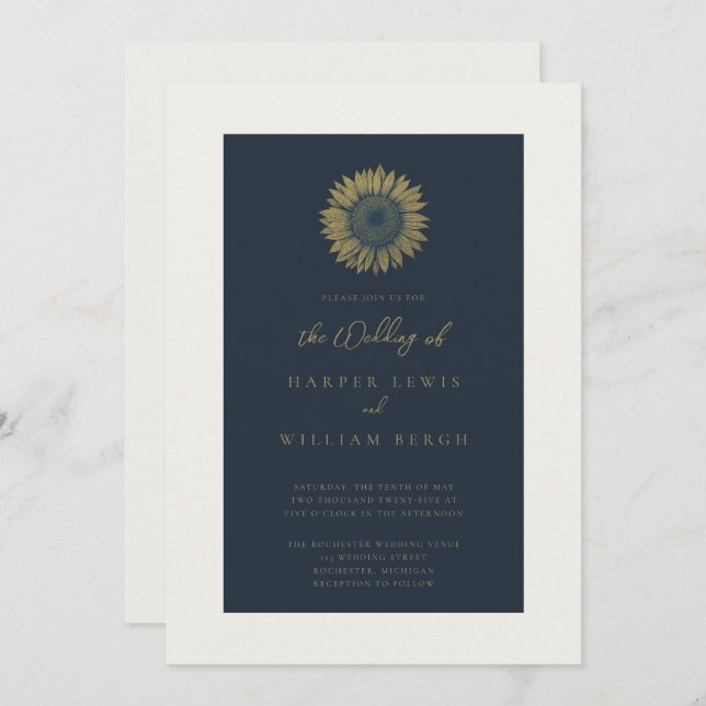 minimalistic sunflower navy wedding invitation (Front/Back)