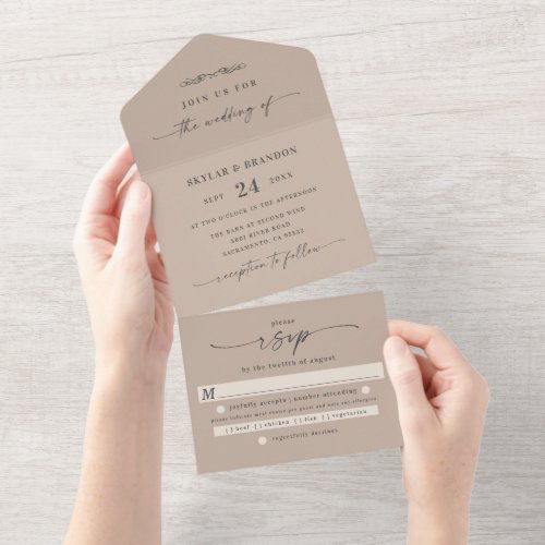 Minimalistic Taupe Sand Beige Solid Color Wedding All In One Invitation