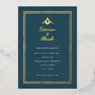 Minimalistic teal and gold frame indian wedding foil invitation