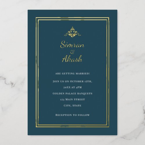 Minimalistic teal and gold frame indian wedding foil invitation