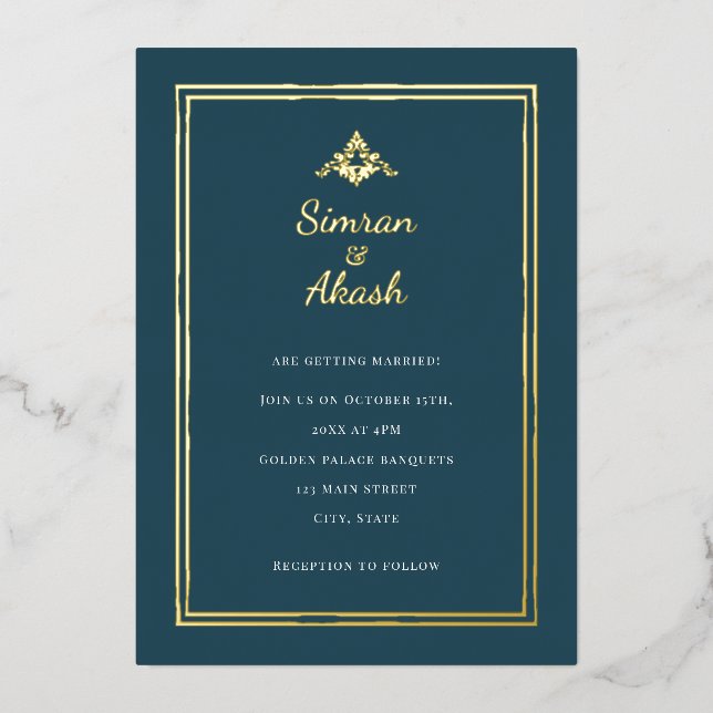 Minimalistic teal and gold frame indian wedding foil invitation (Front)