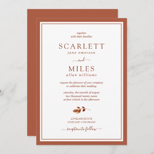 Minimalistic Terracotta Fall Leaves Border Wedding Invitation