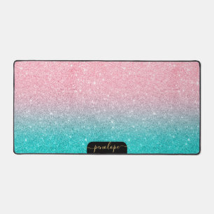 Minimalistic turquoise and pink glitter gradient desk mat