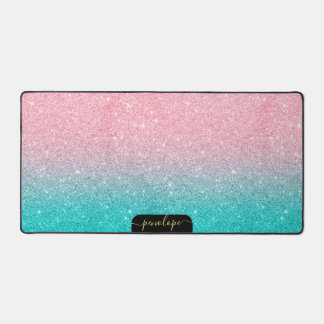 Minimalistic turquoise and pink glitter gradient desk mat