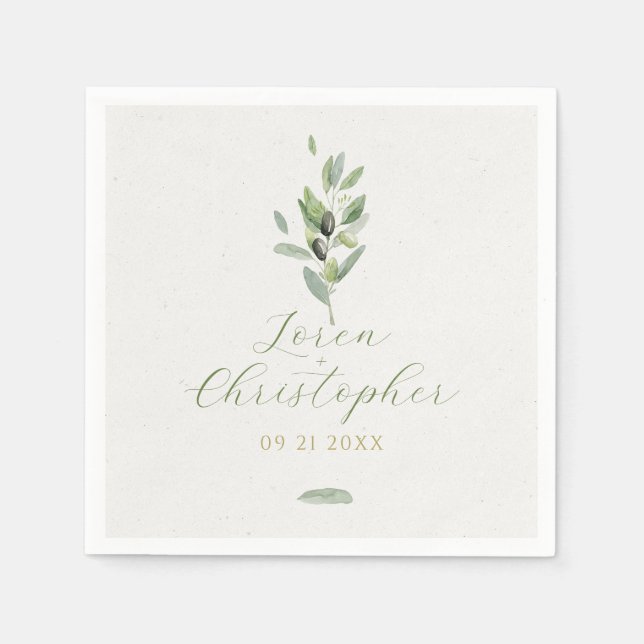  Minimalistic Tuscany Olive Leaves Branch Napkins (Front)