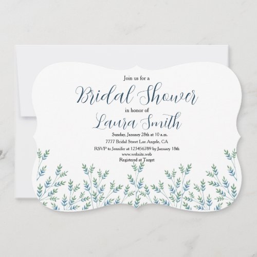 Minimalistic watercolor blue leaf bridal shower  invitation