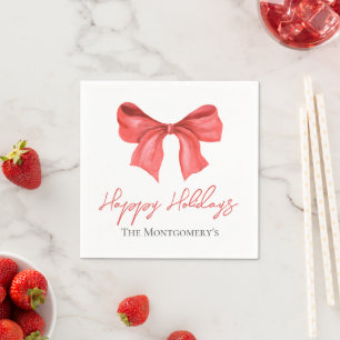 Minimalistic Watercolor Red Ribbon Happy Holidays Napkins