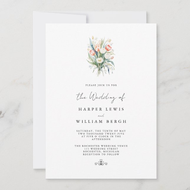 minimalistic watercolor tulips qr code wedding invitation (Front)