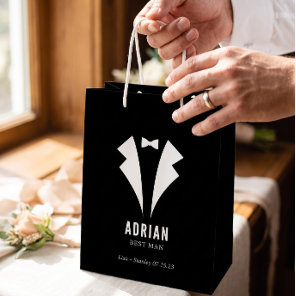 Minimalistic Wedding Best Man Name Black Medium Gift Bag