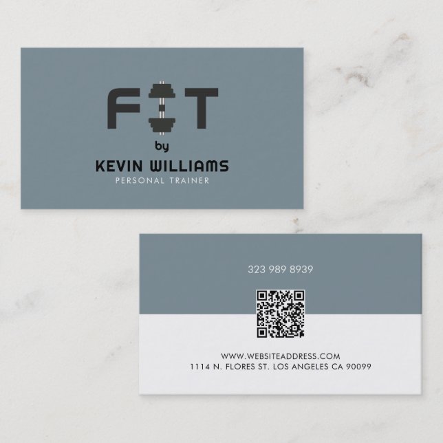 Minimalistic White and Blue-gray Fitness Trainer Business Card (Front/Back)