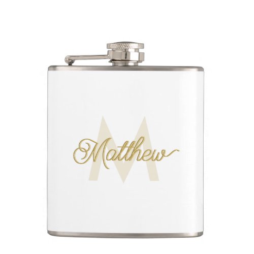 Minimalistic White Gold Add Name and Monogram Mens Flask