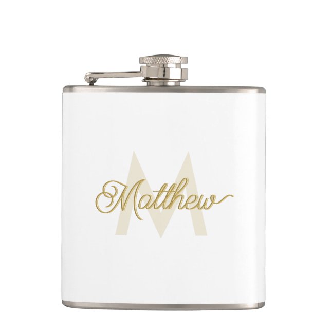 Minimalistic White Gold Add Name and Monogram Mens Flask (Front)