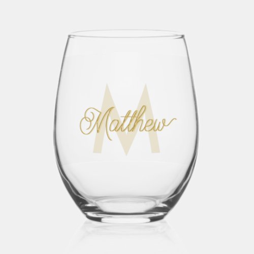 Minimalistic White Gold Add Name and Monogram Mens Stemless Wine Glass