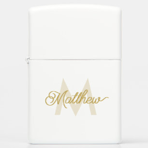 Minimalistic White Gold Add Name and Monogram Mens Zippo Lighter