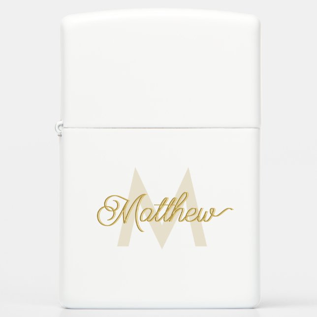 Minimalistic White Gold Add Name and Monogram Mens Zippo Lighter (Front)