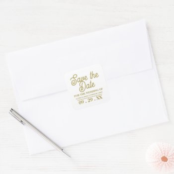 Minimalistic - White & Gold - Save The Date Square Sticker by StampedyStamp at Zazzle