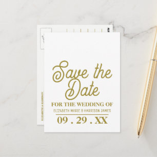 Minimalistic, White & Gold, Wedding Save the Date Postcard