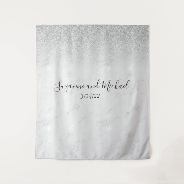 Minimalistic White Marble Ombre Glitter Wedding Tapestry (Front)