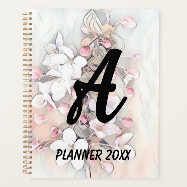 Minimalistic white pink cherry blossoms drawing planner (Front)